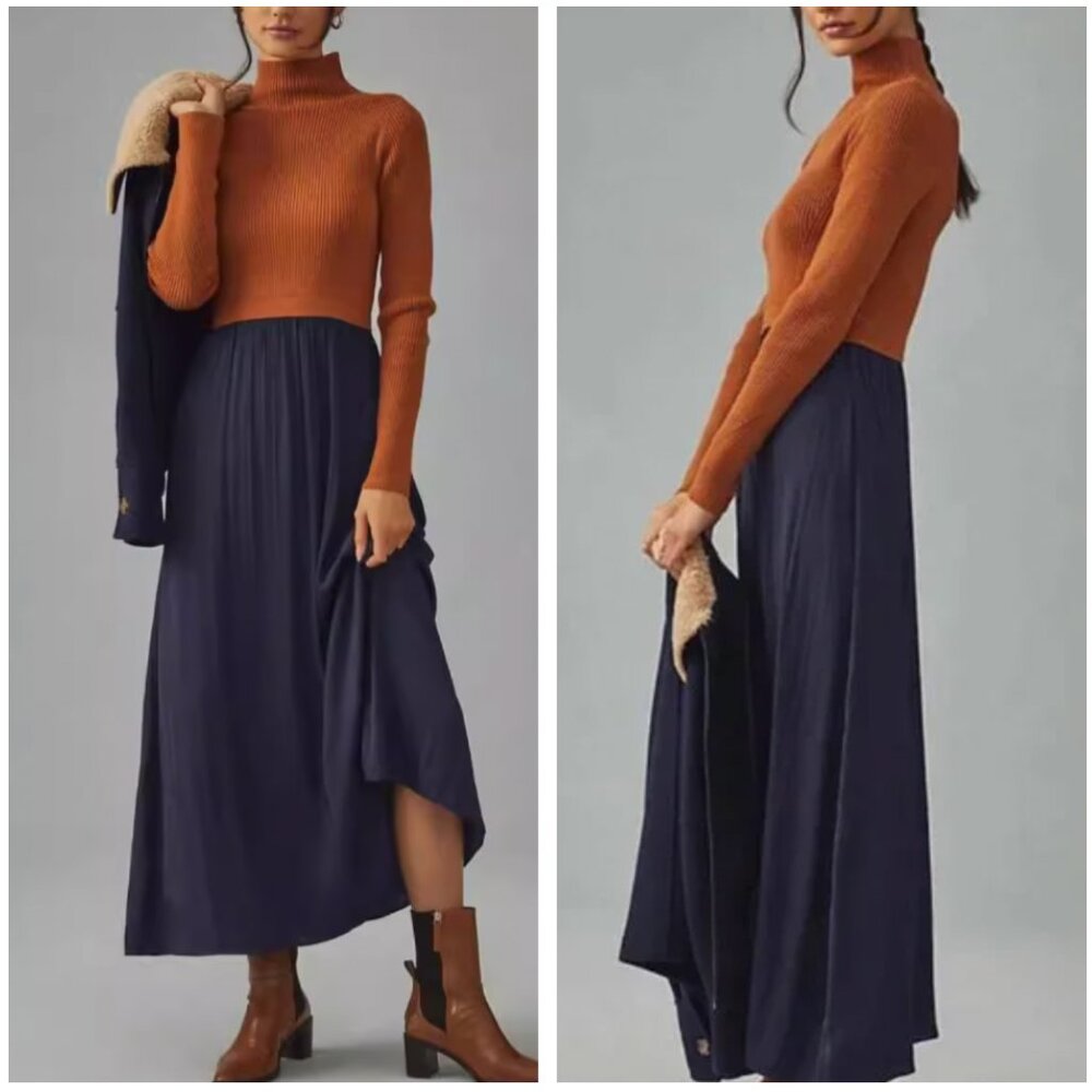 NEW Anthropologie The Thea Twofer Sweater Dress XXSmall/Medium Tan/Navy - Picture 2 of 8